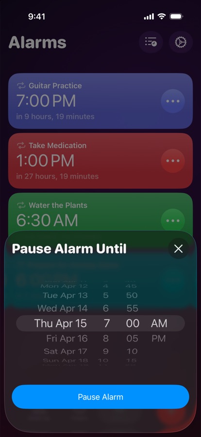 Pausing an alarm until a chosen date and time