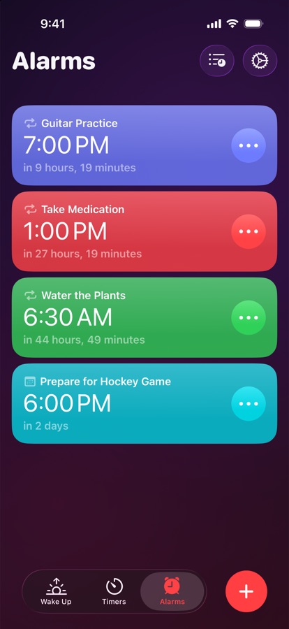 The Alarms tab, a list of repeating and one-off alarms