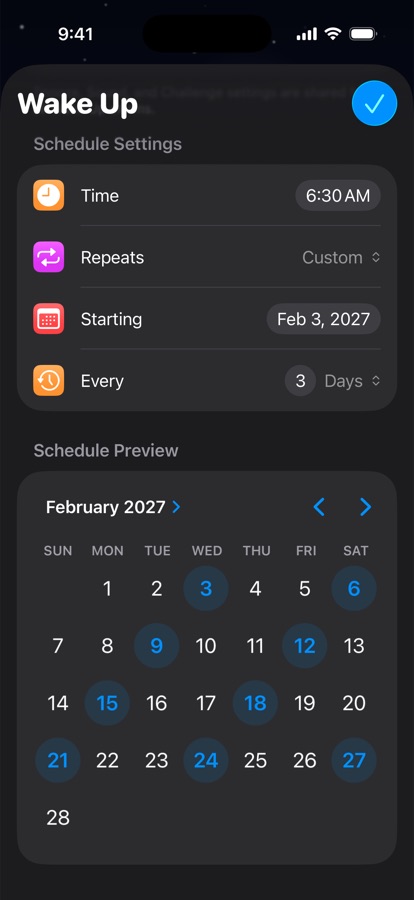 A custom wake up schedule repeating every three days, with a calendar preview