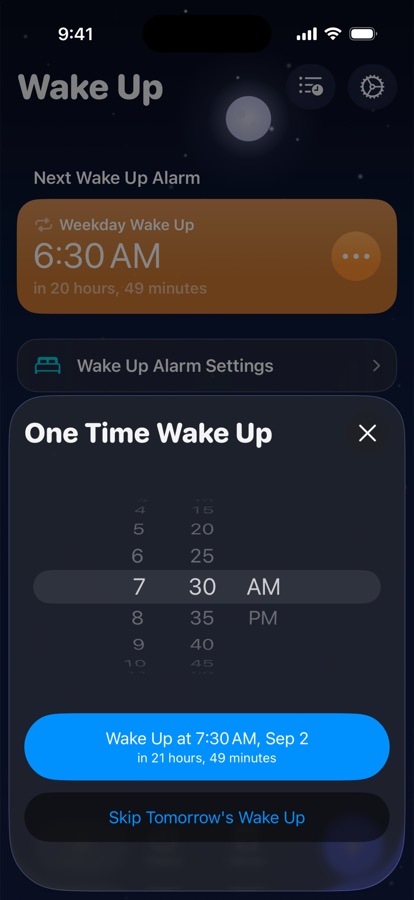 Setting a one time wake up for tomorrow, or skipping it