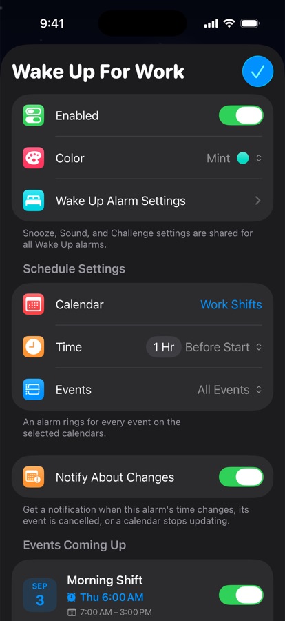 A calendar-based wake up alarm for work shifts