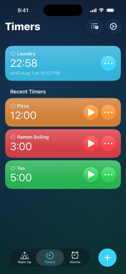 The Timers tab, with a running timer and recent timers