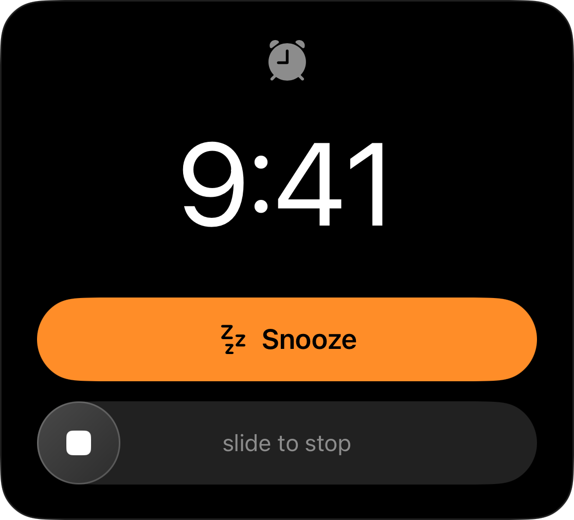 A Lock Screen alarm at 9:41 with a Snooze button and a slide to stop control
