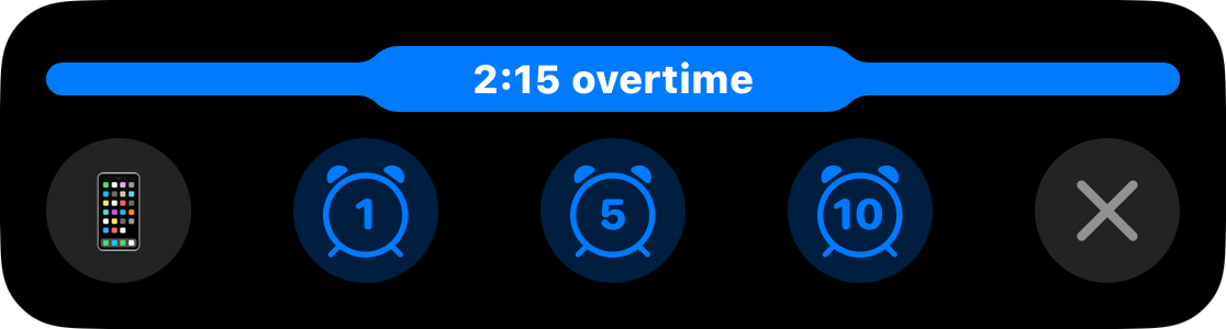 A Live Activity with the bar full and 2:15 into overtime, over buttons that add one, five or ten minutes